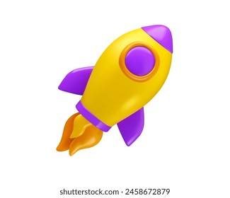 Rocket vector 3d icon. Space ship launch. Flying spacecraft as business startup concept. Cartoon simple shiny toy