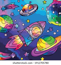 Rocket vector art illustration along with other extraterrestrial objects