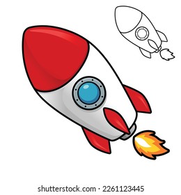 Rocket Vector Cartoon Illustration with Black and White Line Art Drawing, Science Outer Space, Outline Symbol Icon Sign Shape Element in Isolated White Background