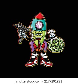 arma de cohetes vectorial, bolsa de nug de algas y marihuana de flores de abejorro de cannabis sin pelos de fumar y cara feliz