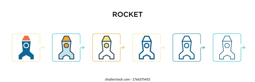 Rocket vector icon in 6 different modern styles. Black, two colored rocket icons designed in filled, outline, line and stroke style. Vector illustration can be used for web, mobile, ui