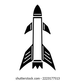 Rocket vector icon. Cruise or ballistic missile isolated on white. Nuclear warhead, flying weapon of mass destruction. Equipment for the war. Black outline, simple sketch. Clipart for logo, apps, web