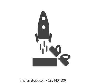Rocket vector icon flying out of the box on white isolated background.