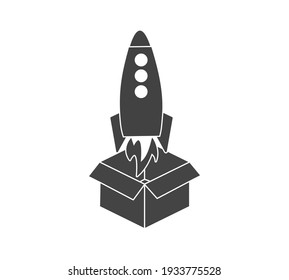 Rocket vector icon flying out of the box on white isolated background.