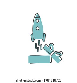 Rocket vector icon flying out of the box on white isolated background.