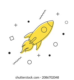 Icono vectorial de cohetes con formas geométricas sobre fondo blanco. Lanzamiento de cohetes espaciales. Nuevo concepto de inicio de proyecto. Concepto de producto comercial en un mercado. Vector