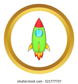 Rocket vector icon in golden circle, cartoon style isolated on white background