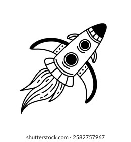 Rocket vector icon. Hand drawn spaceship, ship flight in open space. Futuristic shuttle, astronomical adventure. Line art, simple doodle. Black outline isolated on white. Coloring, for print