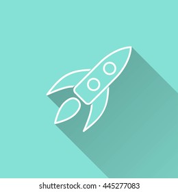 Rocket vector icon with long shadow. White illustration isolated on green background for graphic and web design.