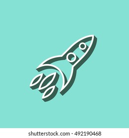 Rocket vector icon with shadow. White illustration isolated on green background for graphic and web design.