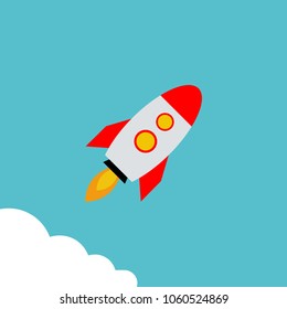 Rocket vector icon. Start up concept symbol space rocket ship in trendy flat style isolated on blue background