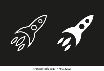 Rocket vector icon. White illustration isolated on black background for graphic and web design.