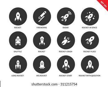 Rocket vector icons set. Aviation and space concept. Icont for space companies. Spaceship items, rocket, firework, radar, shuttle, crash, start. Isolated on white background