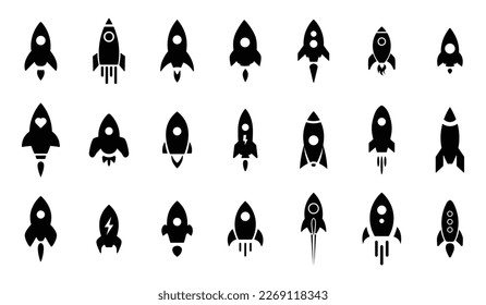 Rocket vector icons set. Launch spaceship or spacecraft. Rocket fast flying for space. New business start up. Rocket symbols booster phone cache cleaner. Vector Illustration