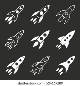 Rocket vector icons set. White illustration isolated on black background for graphic and web design.
