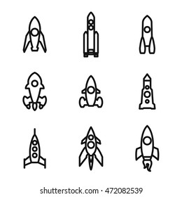 Rocket vector icons. Simple illustration set of 9 rocket elements, editable icons, can be used in logo, UI and web design