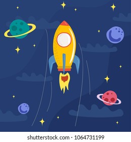Rocket Vector and illustration flying rocket.Space travel to the moon.Space rocket launch.Project start up Solar System and text space.