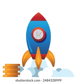 Rocket Vektorillustration Wachstumsrakete mit Rauch und Geldmünzen starten Vektorgrafik starten
