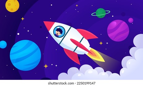 Rocket vector illustration. A little boy happily imagines how he flies on a rocket. Bright illustration for children's wallpapers, books, comics, and coloring books. Planets of the solar system.