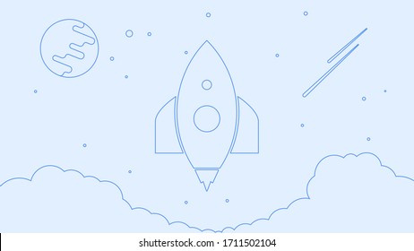 Rocket vector ready launch to the moon in the dark space. Line art, illustration.