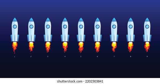 Rocket vector set of rocket launching with jet firing flames