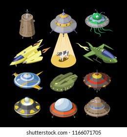 Rocket vector spaceship or rocketship and spacy ufo illustration set of spaced ship or spacecraft flying in universe space isolated on black background