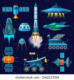 Conjunto de ilustraciones de naves espaciales o naves espaciales vectoriales de cohetes y de satélites o de vehículos lunares de un buque espacial aislado en segundo plano