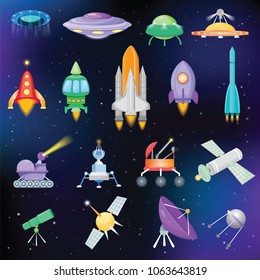 Rocket vector spaceship or spacecraft with satellite and spacy ufo illustration set of spaced ship or rocketship in universe space isolated on background