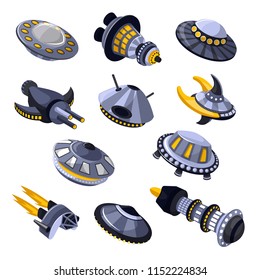 Rocket vector spaceship or spacecraft and spacy ufo illustration set of spaced ship or rocketship in universe space isolated on white background
