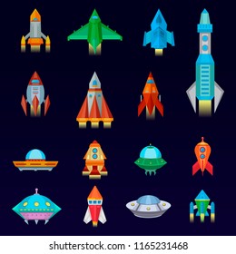 Rocket vector spaceship or spacecraft and spacy ufo illustration set of spaced ship or rocketship flying in universe space isolated on background