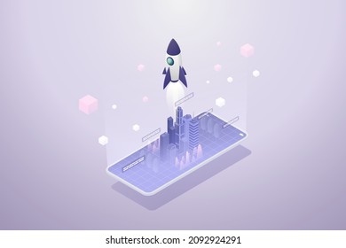 Rocket and virtual city on smartphone Experience Metaverse, the limitless virtual reality technology. isometric vector illustration.
