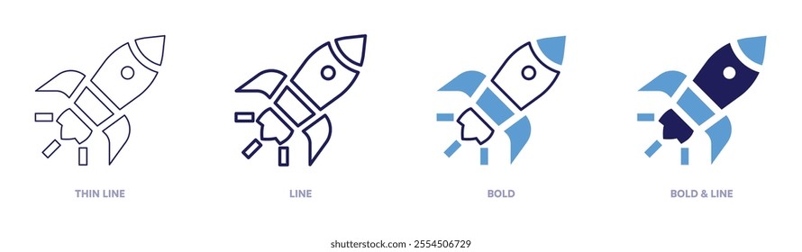 Rocket visualization icon in 4 different styles. Thin Line, Line, Bold, and Bold Line. Duotone style. Editable stroke.