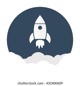 Rocket and white cloud, circle icon in flat style, conceptual of start up new business project, take off of a business or project or space travel vector illustration.