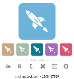 Rocket white flat icons on color rounded square backgrounds. 6 bonus icons included