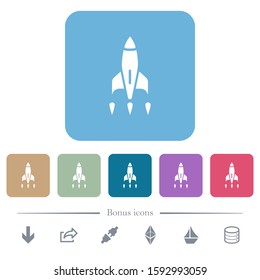 Rocket white flat icons on color rounded square backgrounds. 6 bonus icons included