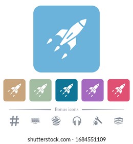 Rocket white flat icons on color rounded square backgrounds. 6 bonus icons included