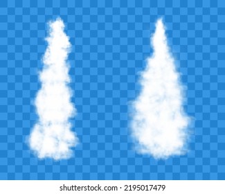 Rocket white smoke trails or spacecraft launch. Realistic 3d vector illustration isolated on transparent background.