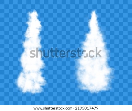 Rocket white smoke trails or spacecraft launch. Realistic 3d vector illustration isolated on transparent background.