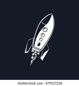 Rocket, White Spaceship Isolated on BLack Background, Vector Illustration 