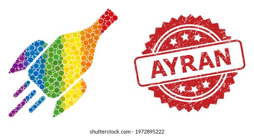 Rocket wine bottle mosaic icon of filled circle dots in different sizes and spectrum colored color tones, and Ayran grunge rosette stamp seal. A dotted LGBT-colored Rocket wine bottle for lesbians,