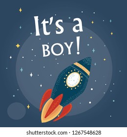 rocket, and the words "it's a boy"