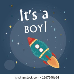rocket, and the words "it's a boy"