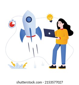 Rocket and working girl, concept of business launch flat illusration 

