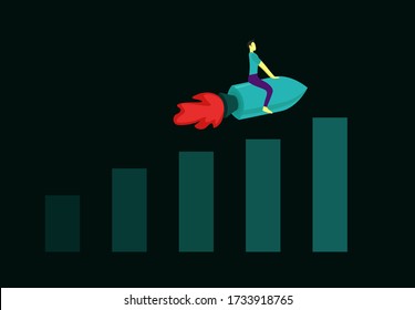 Rocket und ein junger Mann Business Level. Vektor-Illustrationsflache, Geschäftskonzept-Wachstum Unternehmensbilanz, Finanz-Saldo, kreativer Gewinner digitaler Technologie