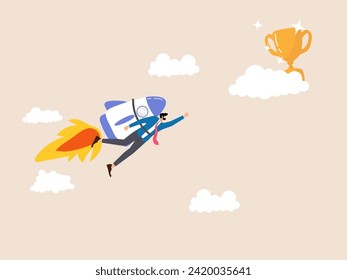 Rocketing for a trophy behind clouds. An illustration of an ambitious business journey, with the courage to reach hidden goals and achieve success.