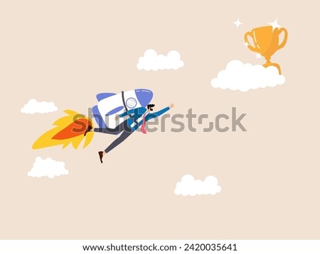 Rocketing for a trophy behind clouds. An illustration of an ambitious business journey, with the courage to reach hidden goals and achieve success.