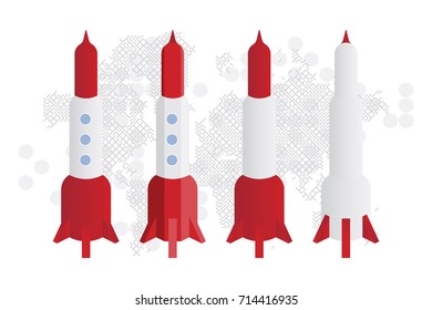Rockets against the background of the technological world map. Flat vector illustration EPS10.