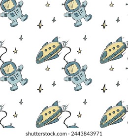 Rockets and astronauts seamless pattern. Hand drawn space elements texture pattern. Space wallpaper, design on white background. doodle vector illustration