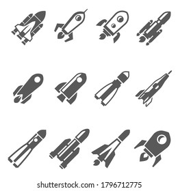 Rockets bold black silhouette icons set isolated on white. Spaceship, flying spacecraft pictograms collection, logos. Startup, innovation, aircraft launch, cosmic vector elements for infographic, web.