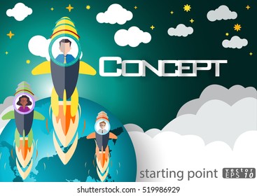 Rockets of Businessman Success modern design Idea and Concept Vector illustration with World map,flat design.